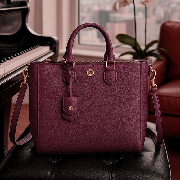 NEW Tory Burch Robinson Wine Red Pebbled Leather Mini Square Tote/Crossbody Bag - Picture 1 of 16
